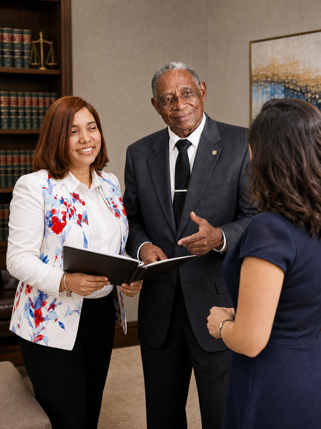 Profesionales de Jiménez & Jiménez conversando con un cliente sobre un expediente